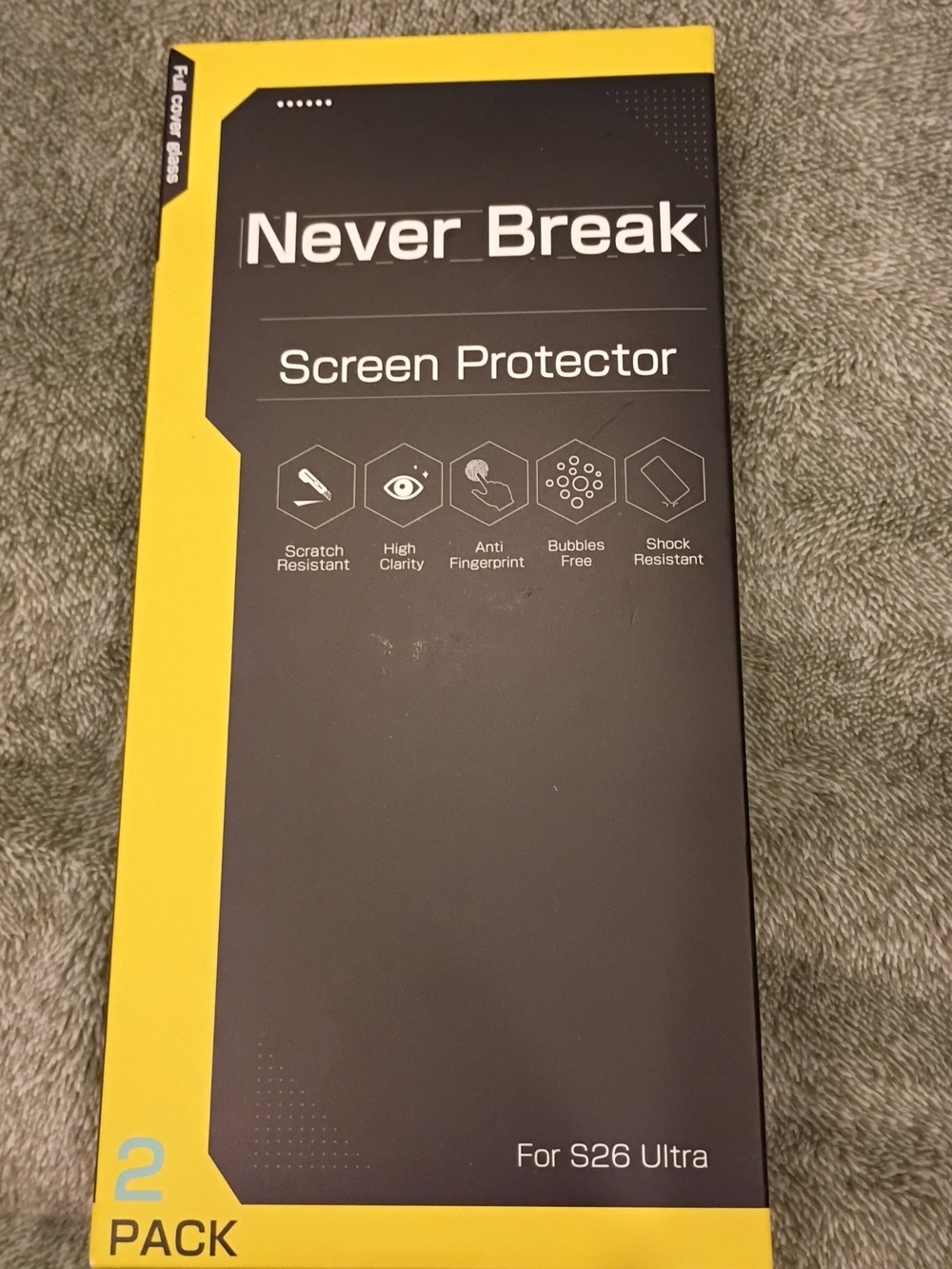 Never Break Screen Protector for S26 Ultra - Black & Yellow Packaging